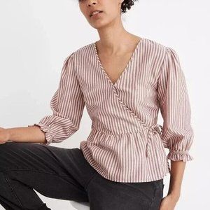NWT Madewell Womens Puff-Sleeve Peplum Wrap Top 2XS Pink Striped 3/4 Sleeve